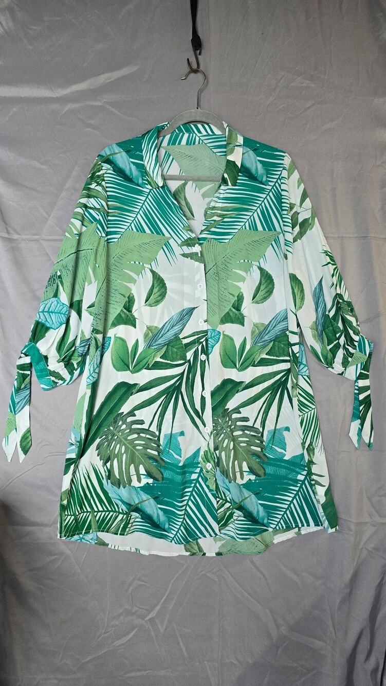 Cupshe Cover Up Womens Medium Green Tropical Leaf Button Front 3/4 Sleeve
